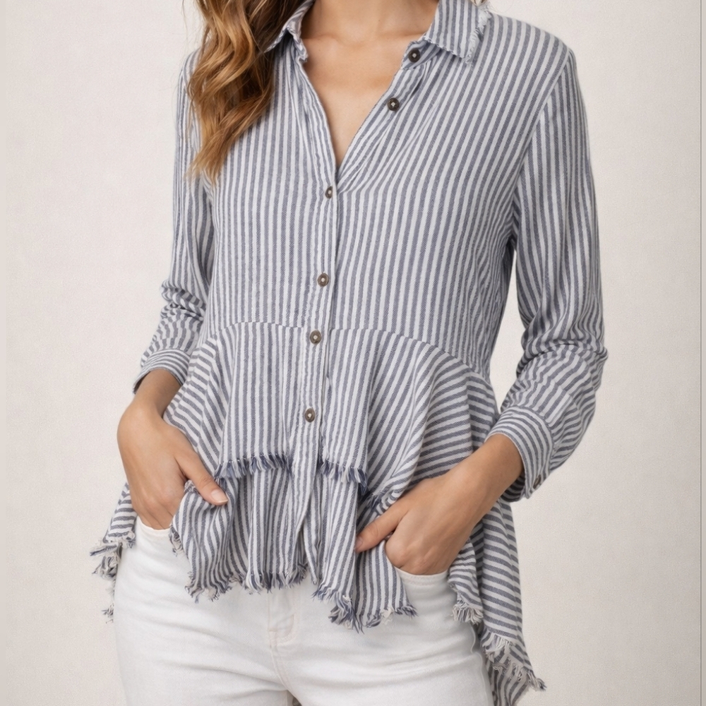 True Craft Blue White Striped Ruffle Peplum Blouse Size Small Boho Top